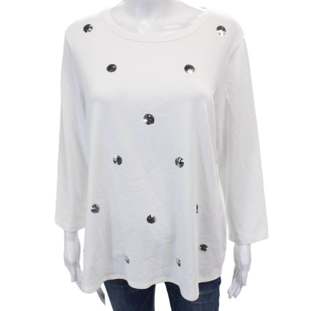 ELI Women Basic White Pima Cotton Round Neck Long Sleeve T-Shirt Size L